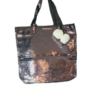 Victoria Secret Black Sequins Tote Bag With Pom Pom Accent NWT